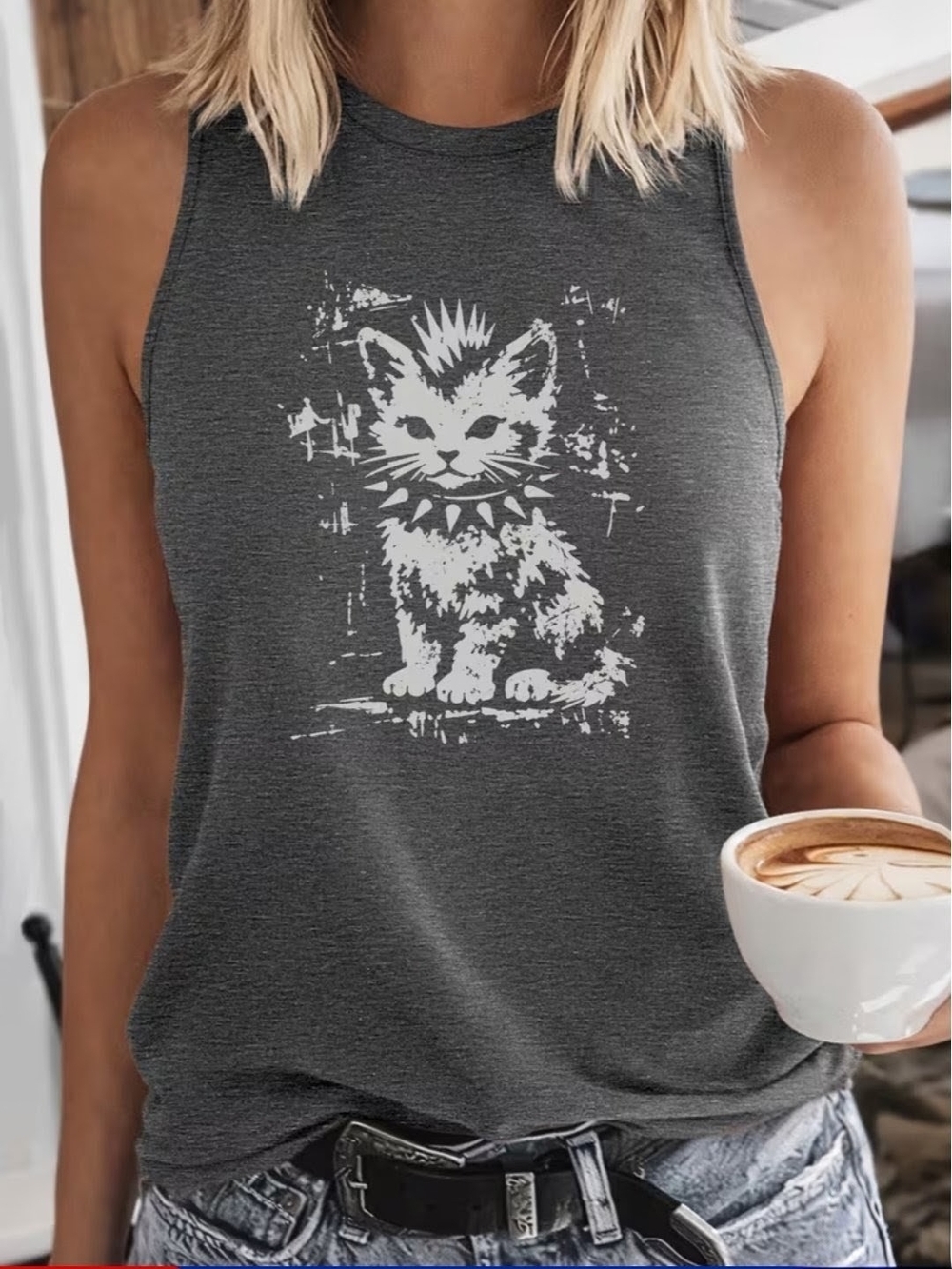 Grey Punk Kitty Graphic Tank Top